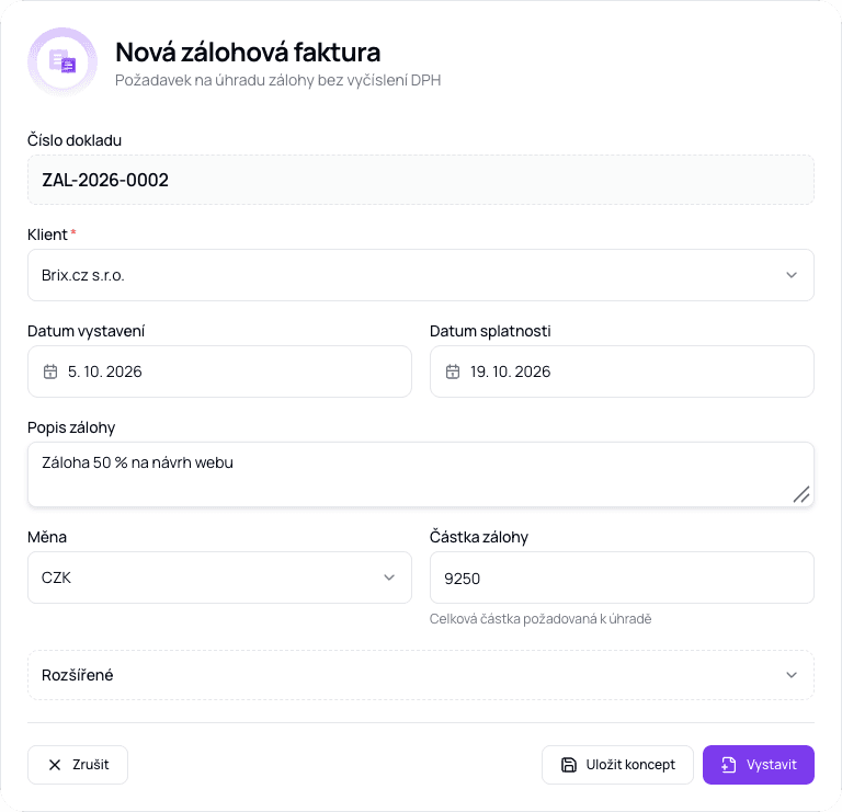 Formulář nové zálohové faktury v Invoicek