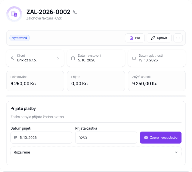 Detail zálohové faktury se záznamem přijaté platby v Invoicek